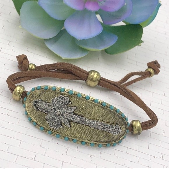 🌼 Western Cross Silver Gold Pull Tie Bracelet - Picture 1 of 3